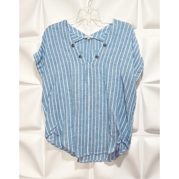 Rails Sz S Blue White Linen Blend Pinstripe Grommet V Neck Tunic Top Blouse - Picture 1 of 5